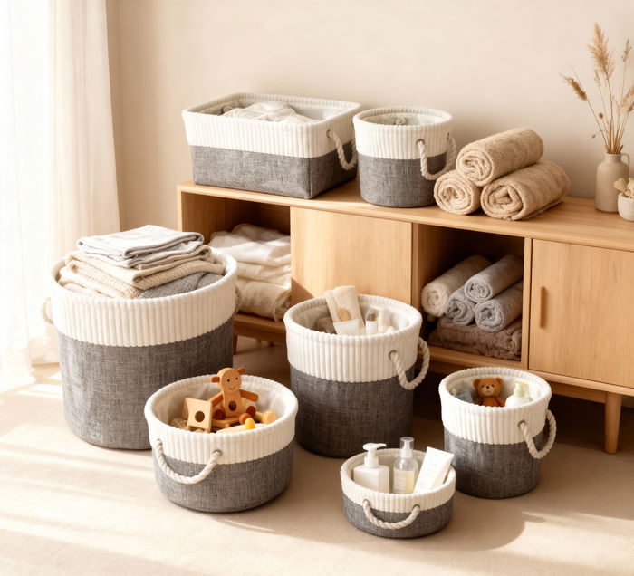 Inde Cesta de Almacenaje Redonda 40 x 30 cm, de Mimbre o Ratán Natural, para Ropa, Juguetes o Decoración del Hogar (12 Unidades)