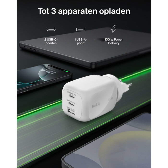 Belkin Boost Charge 100W Cargador USB-C (2x USB-C, 1x USB-A) Blanco