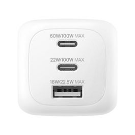 Belkin BOOST Charge Cargador USB-C GaN 100W WCH016hqWH - Carga Rápida PD 3.1 PPS, 2x USB-C + 1x USB-A, Blanco