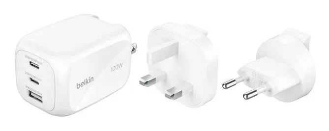 Belkin WCH016hqWH Cargador GaN USB-C 100W Carga Rápida PD 3.0/3.1 PPS, 3 Puertos (2x USB-C + 1x USB-A), Universal para Interiores, Color Blanco