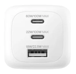 Belkin WCH016hqWH Cargador GaN USB-C 100W Carga Rápida PD 3.0/3.1 PPS, 3 Puertos (2x USB-C + 1x USB-A), Universal para Interiores, Color Blanco