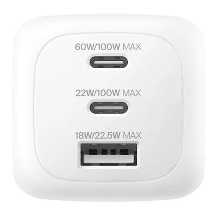 Belkin WCH016hqWH Cargador GaN USB-C 100W Carga Rápida PD 3.0/3.1 PPS, 3 Puertos (2x USB-C + 1x USB-A), Universal para Interiores, Color Blanco