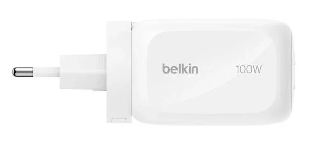 Belkin WCH016hqWH Cargador GaN USB-C 100W Carga Rápida PD 3.0/3.1 PPS, 3 Puertos (2x USB-C + 1x USB-A), Universal para Interiores, Color Blanco