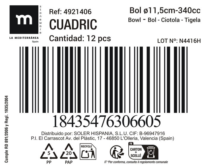 Inde Bol 340 cc Ø11.5 cm "Cuadric" (24 Unidades)