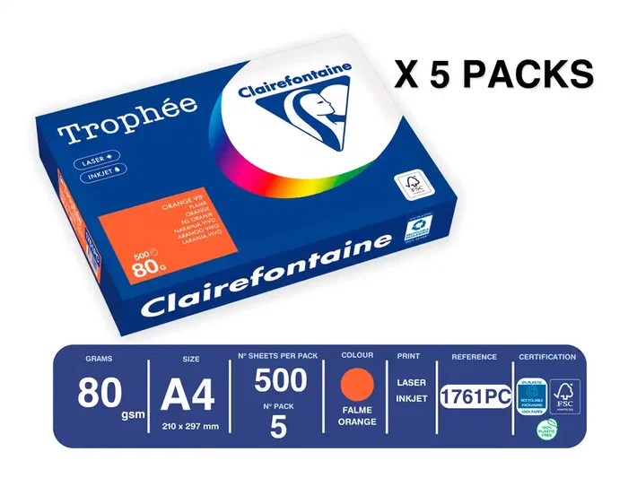 Trophee Papel Color A4 80gr Naranja Intenso Paquete de 500 Hojas