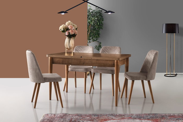 Hanah Home Dallas 555 V4 Juego de Sillas de Terciopelo con Marco de Metal y Patas de Madera de Carpe, Color Nogal y Beige