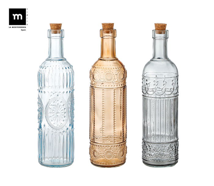 La Mediterran Botella de Vidrio Pintada con Tapón de Corcho 3 Sellos 1L (12 Unidades)