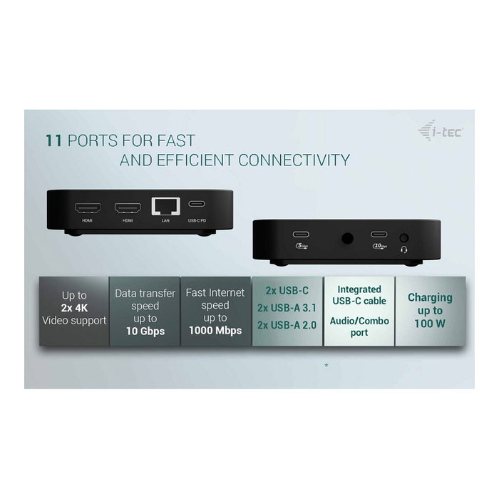 I-tec USB-C Dual HDMI Docking Station con Power Delivery 100 W y Cargador Universal