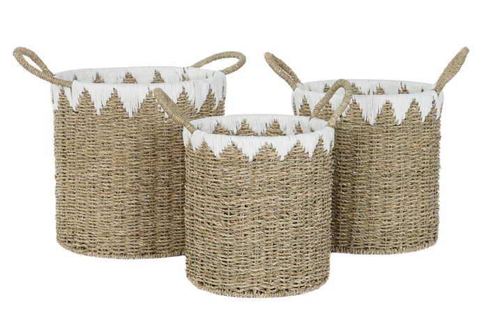 DKD Home Decor Set de 3 Cestas de Fibra y Algodón Natural/Blanco 35x35x45 cm