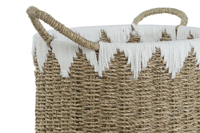 DKD Home Decor Set de 3 Cestas de Fibra y Algodón Natural/Blanco 35x35x45 cm