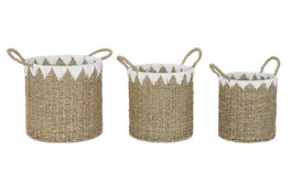 DKD Home Decor Set de 3 Cestas de Fibra y Algodón Natural/Blanco 35x35x45 cm