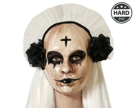 Máscara de Monja Diabólica con Flores Negras y Cruz Invertida para Halloween y Disfraces Siniestros