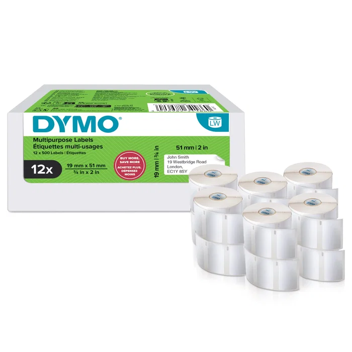 Dymo Multipack Etiquetas LabelWriter Multiuso 19x51mm, 12 Rollos de 500 Etiquetas