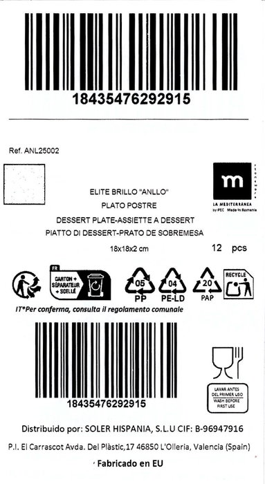 La Mediterranea Plato de Postre Anllo Elite Brillo 18x18 cm, 12 unidades