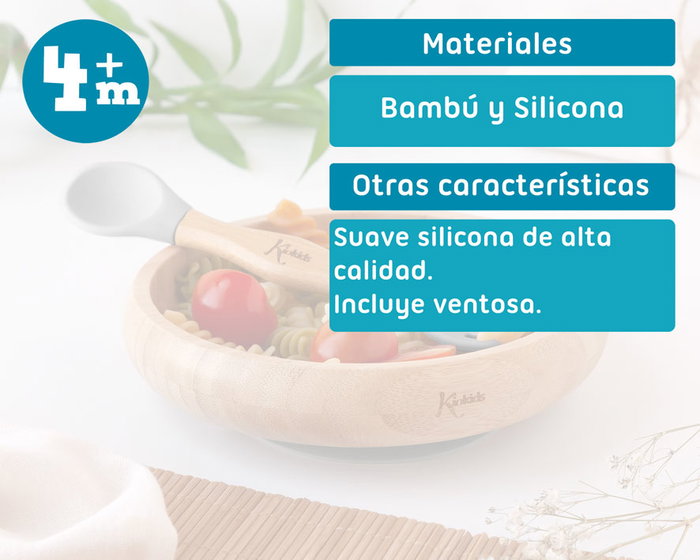 KioKids Set Vajilla Infantil Silicona y Bambú Gris con Cuchara-Tenedor +4 Meses