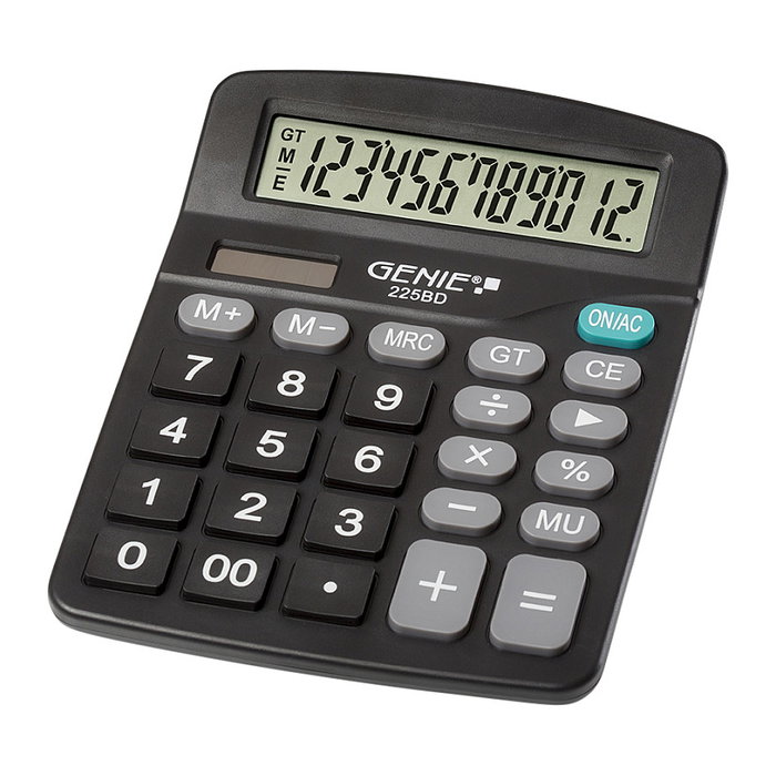 Genie 225 BD Calculadora de Escritorio Básica, 12 Dígitos, Pantalla Inclinable, Funciona con Batería/Solar, Color Negro