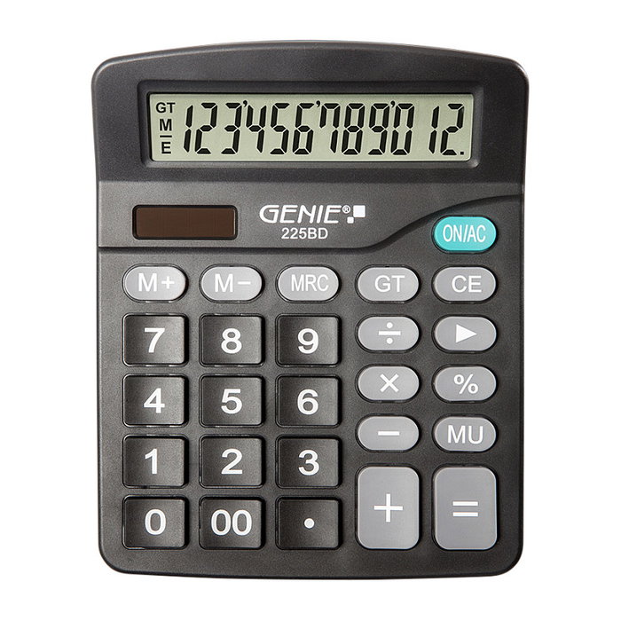 Genie 225 BD Calculadora de Escritorio Básica, 12 Dígitos, Pantalla Inclinable, Funciona con Batería/Solar, Color Negro