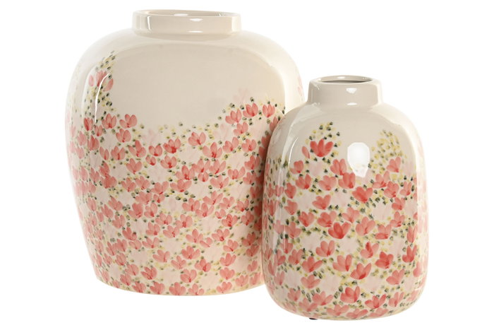 DKD Home Decor Jarrón de Gres con Diseño de Flores Pintado a Mano Blanco y Multicolor