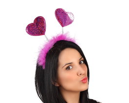Diadema Corazones Violetas Brillantes con Plumas Rosas - Accesorio Temático San Valentín y Disfraces