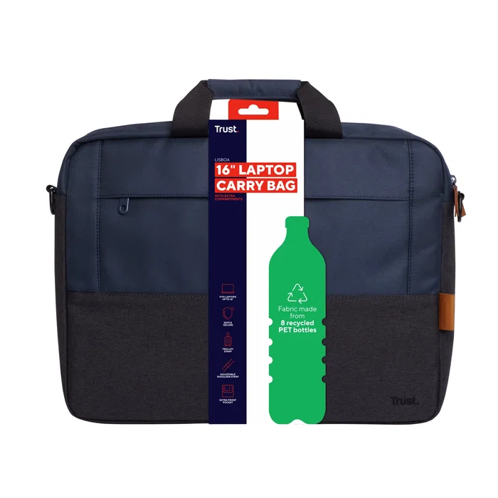 Trust Maletín Lisboa para Portátil hasta 16" Azul - Poliéster Reciclado (8 botellas PET), Resistente a Golpes y Agua, Compartimento Acolchado, Asa y Correa