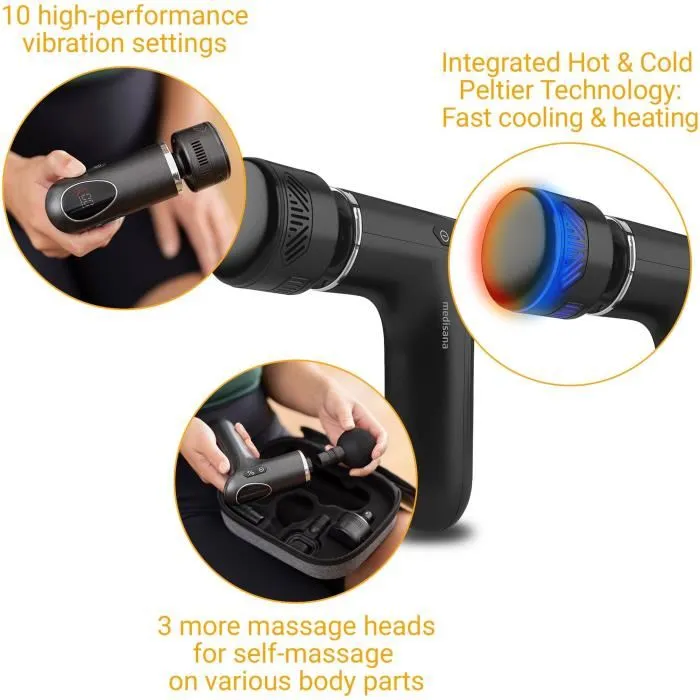 Medisana Pistola de Masaje Frío y Calor MG 560 con 10 Intensidades de Percusión, 3 Niveles y 4 Accesorios - Negro