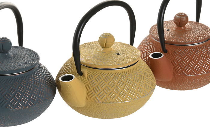 DKD Home Decor Tetera Oriental Amarillo Naranja Azul Hierro Colado Inox 11 x 11.5 x 12.6 cm (3 Unidades) 300ml