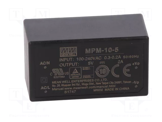 MEAN WELL MPM-10-5 Convertidor AC/DC 10W 5V 2A MEAN WELL MPM-10-5 Convertidor AC/DC 10W 5V 2A