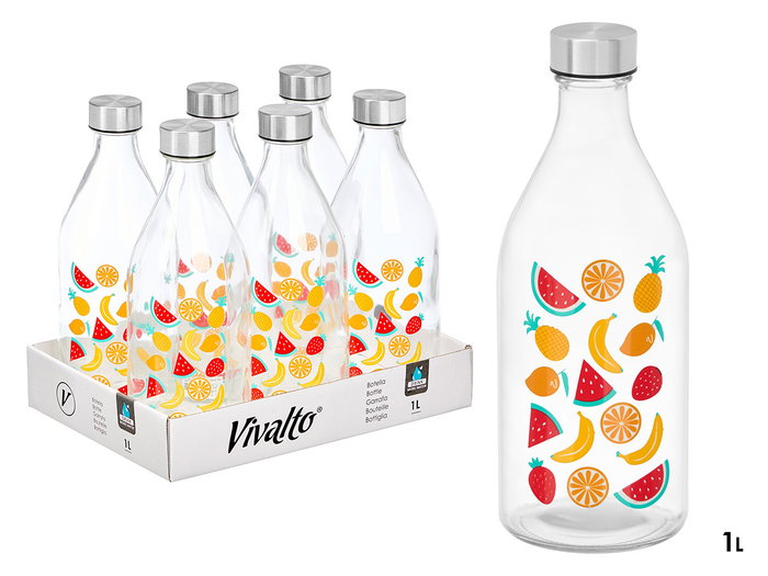 Vivalto Botella de Fruta con Tapon de Acero, 1000 ml, Vidrio Transparente, 9x25.5x9 cm (Set de 12) Vivalto Botella de Fruta con Tapon de Acero, 1000 ml, Vidrio Transparente, 9x25.5x9 cm (Set de 12)