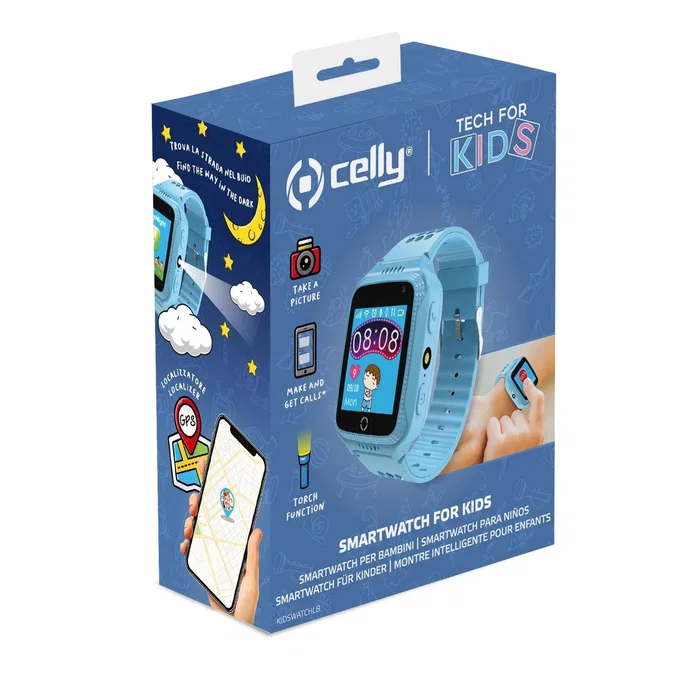 Celly Kidswatch Reloj Inteligente para Niños con GPS, Llamadas, Cámara, SIM, 1.54" Pantalla Color, 4 Días Batería, IP67, App SeTracker2, Color Azul