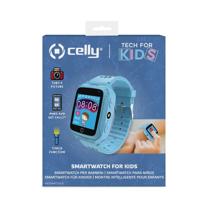 Celly Kidswatch Reloj Inteligente para Niños con GPS, Llamadas, Cámara, SIM, 1.54" Pantalla Color, 4 Días Batería, IP67, App SeTracker2, Color Azul