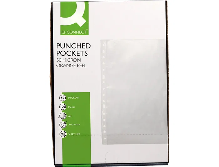 Q-connect Funda multitaladro piel de naranja, 50 micras, formato Din A4, caja de 100 unidades
