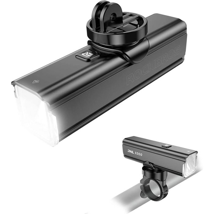 Rockbros Luz delantera de bicicleta 1000 lm con cable USB-C a USB-A, negra