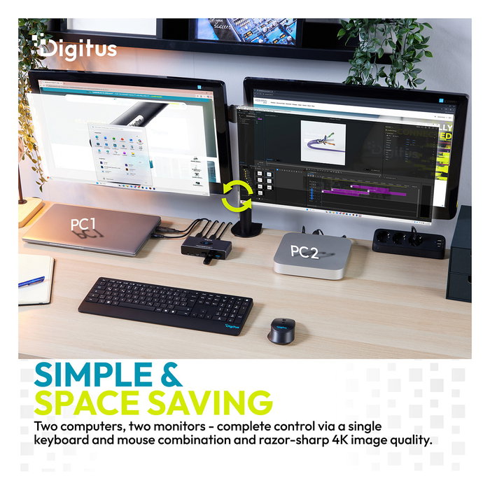 Digitus Conmutador KVM 2 Puertos USB-C a HDMI Dual 4K 60Hz, DD-39100-2 Core Line, Resolución 3840x2160, HDR, Aluminio Gris