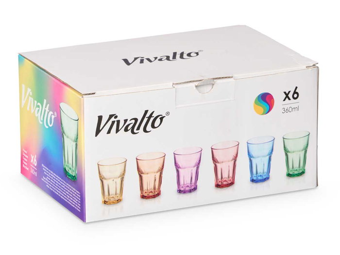 Vivalto Vaso de Vidrio 360 ml - Set de 6 Unidades en Colores Surtidos (Amarillo, Azul, Naranja, Morado, Rosa, Verde), Pintado Exterior, Apto Lavavajillas - 8.5x12 cm (Set de 24)