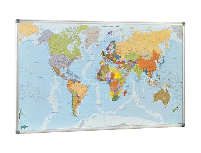 Faibo Mapa Mural Planisferio Político Magnético con Marco de Aluminio y Cantoneras de Protección 84x140 cm