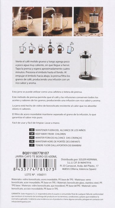 Inde Jarra de Vidrio para Café y Té, 600 ml, 8 Unidades