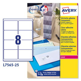 Avery L7565-25 Paquete 25 Hojas Etiquetas Transparentes Quickpeel para Impresoras Láser 99,1x67,7 mm