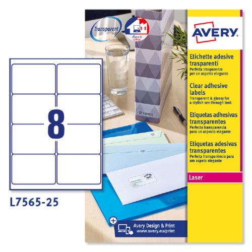Avery L7565-25 Paquete 25 Hojas Etiquetas Transparentes Quickpeel para Impresoras Láser 99,1x67,7 mm Avery L7565-25 Paquete 25 Hojas Etiquetas Transparentes Quickpeel para Impresoras Láser 99,1x67,7 mm