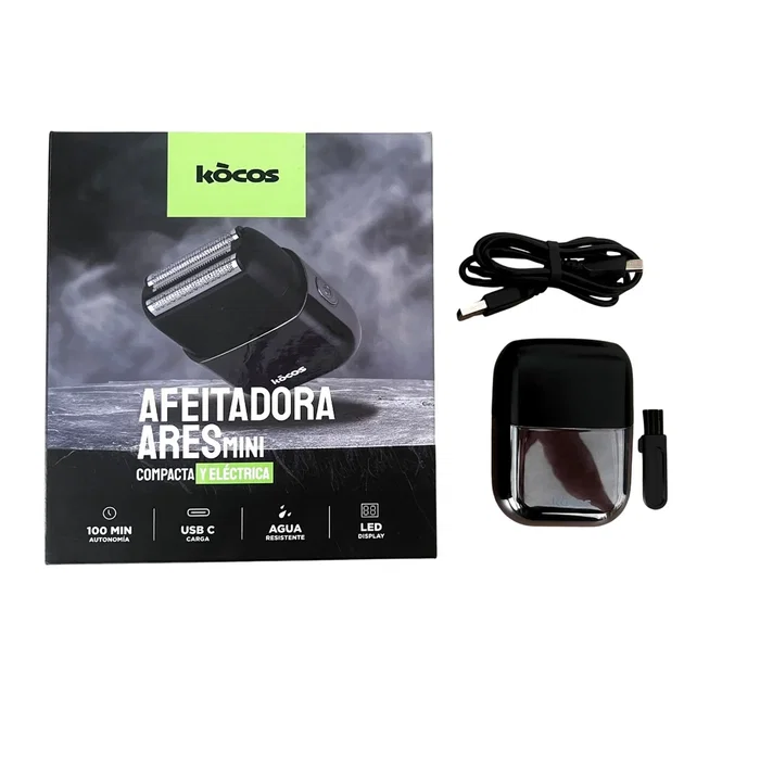 Kocos Ares Mini Máquina de afeitar eléctrica de láminas Recortadora para hombre compacta IPX7 resistente al agua USB-C 100 min autonomía Negro Gris