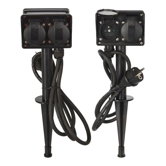 Fx Control Base Múltiple para Jardín, 2 Tomas Schuko IP44 con Tapas, Pincho con 4 Enchufes - Negro, 2 Unidades