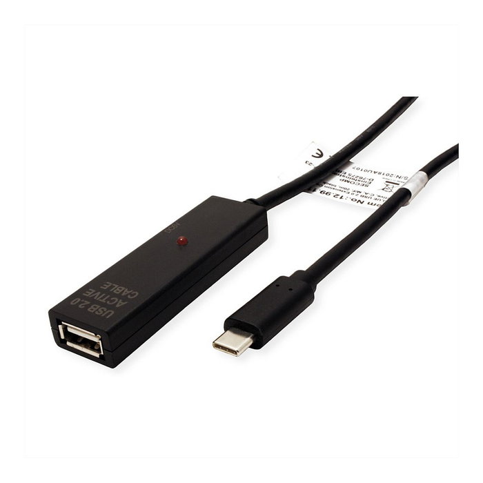 VALUE Cable USB 2.0 Activo Extensión 20 metros Negro con Repeater, USB A Hembra a USB C Macho, Conector Recto, Plug and Play, 12.99.1114