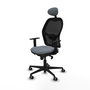 Silla de oficina Jorquera con mecanismo Sincro tapizada con Tela color Gris y malla color Negro. Equipada con lumbar 1D, Brazos 1D, Cabecero Fijo y Ruedas 65 mm parqué