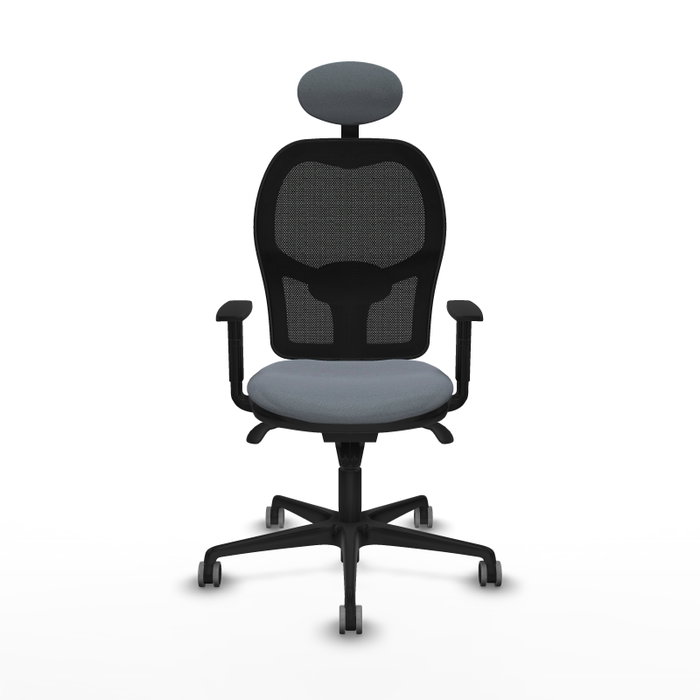 Silla de oficina Jorquera con mecanismo Sincro tapizada con Tela color Gris y malla color Negro. Equipada con lumbar 1D, Brazos 1D, Cabecero Fijo y Ruedas 65 mm parqué