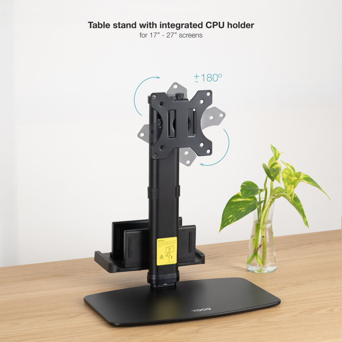 TOOQ Soporte de Monitor para Escritorio con Soporte para CPU - Ajustable en Altura, Inclinación, Giro y Rotación para Pantallas 17-27" (VESA 75/100)