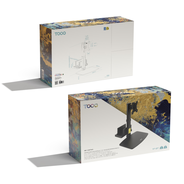 TOOQ Soporte de Monitor para Escritorio con Soporte para CPU - Ajustable en Altura, Inclinación, Giro y Rotación para Pantallas 17-27" (VESA 75/100)