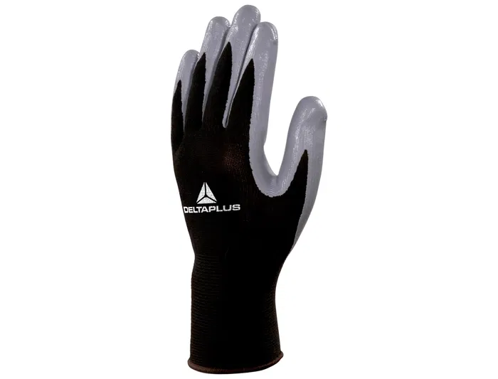 Deltaplus Guantes de Trabajo Poliester con Palma de Nitrilo para Mecánica, Grasas y Aceites, Negro-Gris, Talla 7