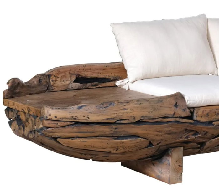 DKD Home Decor Sofá de 3 plazas en raíz de teca reciclada Marrón y Blanco
