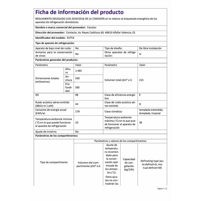 Cecotec frigorífico combinado negro 215 L Bolero CoolMarket 2D Origin 2 puertas E