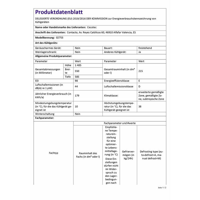 Cecotec frigorífico combinado negro 215 L Bolero CoolMarket 2D Origin 2 puertas E