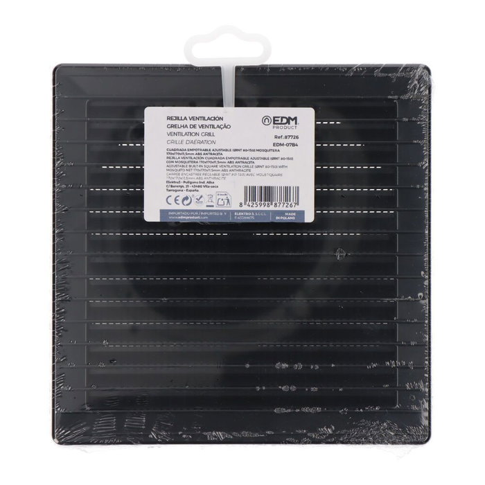 Edm Rejilla ventilación cuadrada ajustable con mosquitera ø 80-150mm, 170x170x11,5mm ABS Gris antracita Edm Rejilla ventilación cuadrada ajustable con mosquitera ø 80-150mm, 170x170x11,5mm ABS Gris antracita